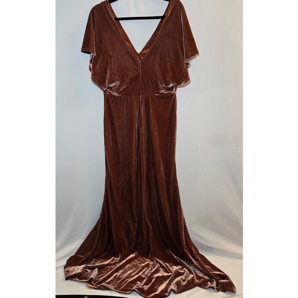 Revelry Gwen Pink Rose Blush Velvet Deep V Maxi Bridesmaid Wedding Dress, sz 12 - Picture 3 of 16